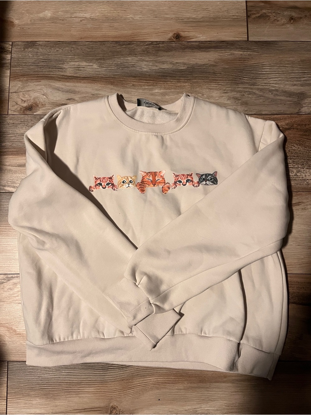 Cream Cat-Print Crewneck Sweatshirt - Cider